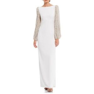 Eliza J gown, with gold sequin sleeves